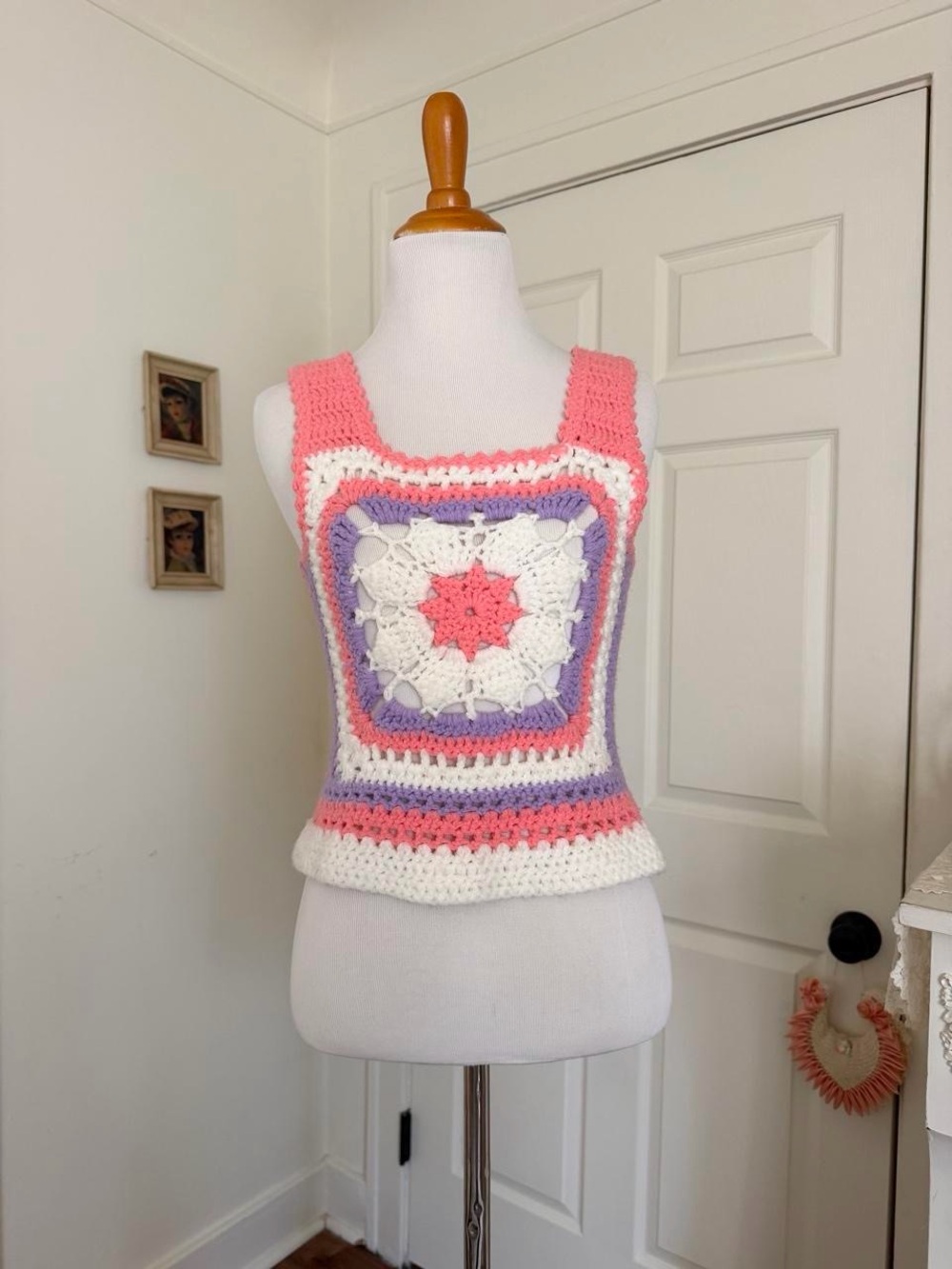 Vintage 1970s Pink and Purple Crochet Sleeveless Sweater
